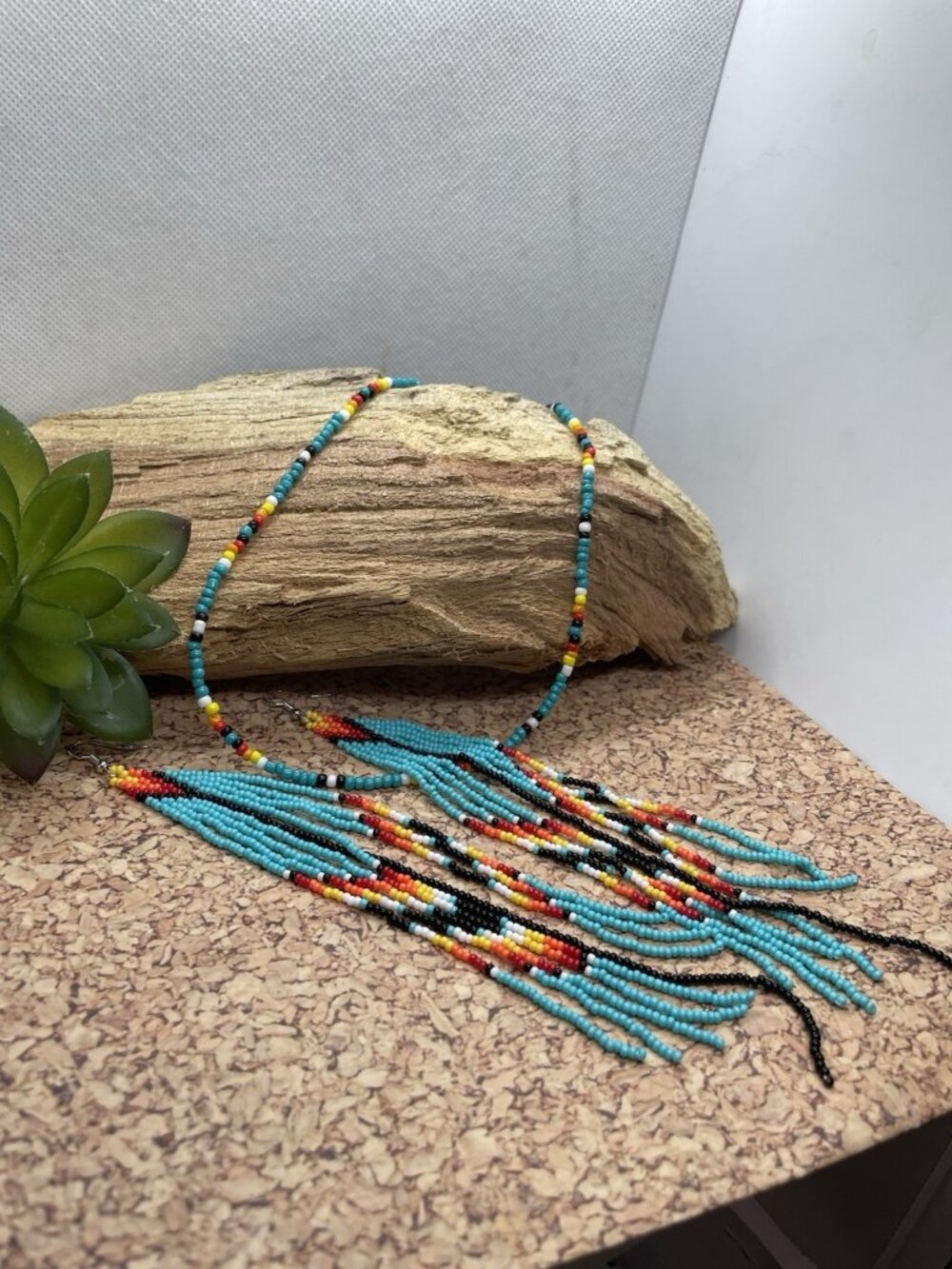 TURQUOISE 7" Handmade Earrings Fun Seed Bead Necklace Set Boho Choker Beach - Picture 2 of 7